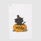 Schattigee zwarte kat in pompoen met heks pet, kaw golfhanddoek (Voorkant)