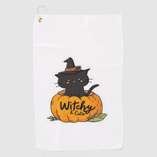 Schattigee zwarte kat in pompoen met heks pet, kaw golfhanddoek (Voorkant)