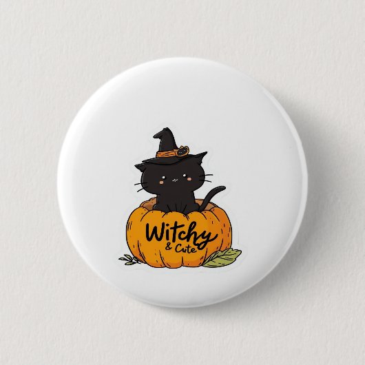 Schattigee zwarte kat in pompoen met heks pet, kaw ronde button 5,7 cm (Voorkant)