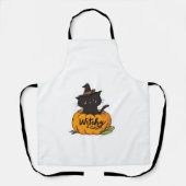 Schattigee zwarte kat in pompoen met heks pet, kaw schort (Voorkant)