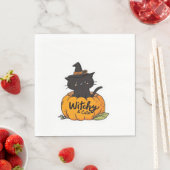 Schattigee zwarte kat in pompoen met heks pet, kaw servet (Insitu)