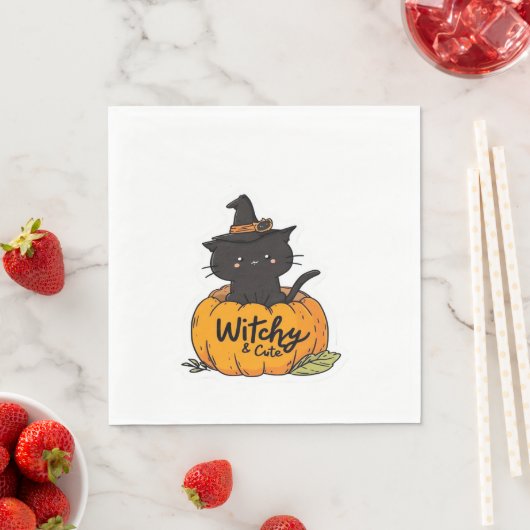 Schattigee zwarte kat in pompoen met heks pet, kaw servet (Insitu)
