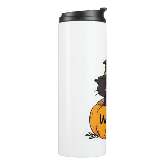 Schattigee zwarte kat in pompoen met heks pet, kaw thermosbeker (Gedraaid links)
