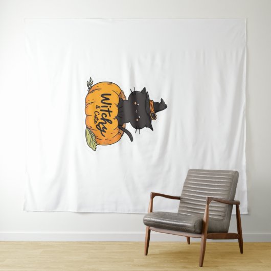 Schattigee zwarte kat in pompoen met heks pet, kaw wandkleed (In Situ (horizontaal))