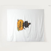 Schattigee zwarte kat in pompoen met heks pet, kaw wandkleed (Voorkant (horizontaal))