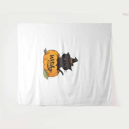 Schattigee zwarte kat in pompoen met heks pet, kaw wandkleed (Voorkant (horizontaal))