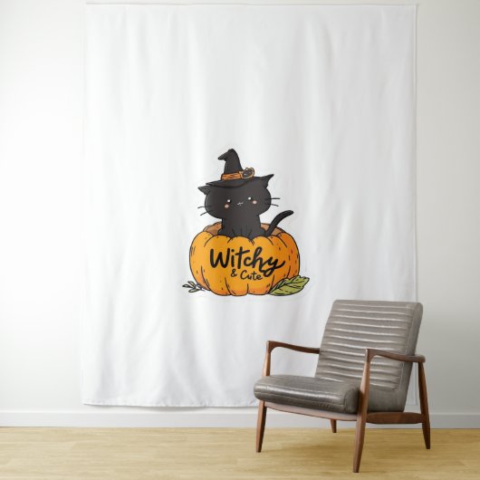 Schattigee zwarte kat in pompoen met heks pet, kaw wandkleed (In situ)