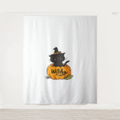 Schattigee zwarte kat in pompoen met heks pet, kaw wandkleed (Voorkant)