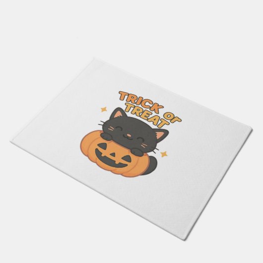 Schattigee zwarte kat in pompoen – Trick or treat  Deurmat (Schuin)