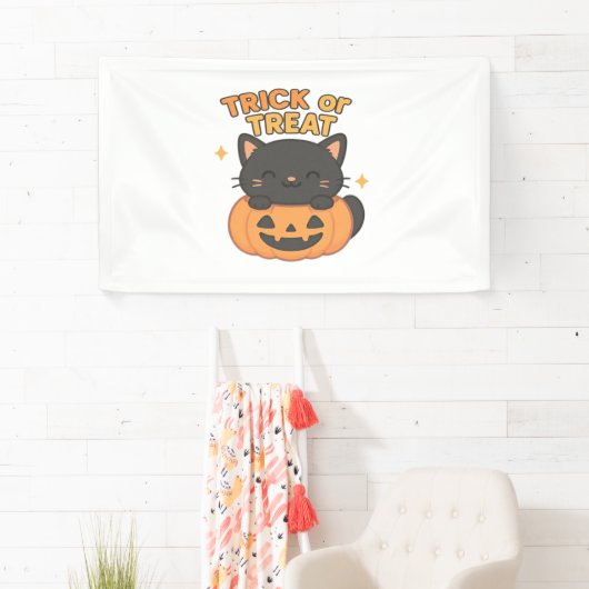 Schattigee zwarte kat in pompoen – Trick or treat  Spandoek (Insitu)