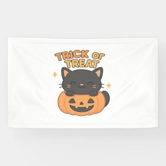 Schattigee zwarte kat in pompoen – Trick or treat Spandoek (Horizontaal)