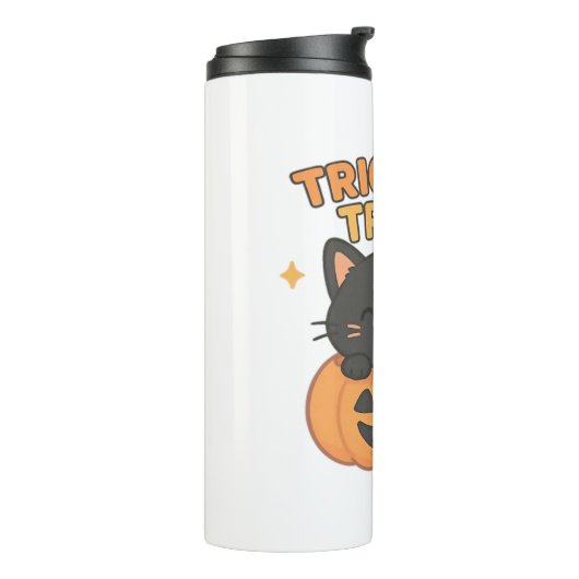 Schattigee zwarte kat in pompoen – Trick or treat  Thermosbeker (Gedraaid links)