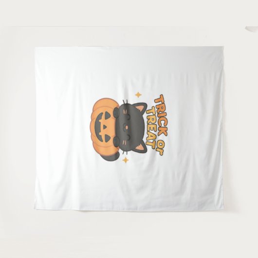 Schattigee zwarte kat in pompoen – Trick or treat Wandkleed (Voorkant (horizontaal))