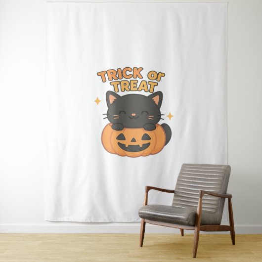 Schattigee zwarte kat in pompoen – Trick or treat  Wandkleed (In situ)