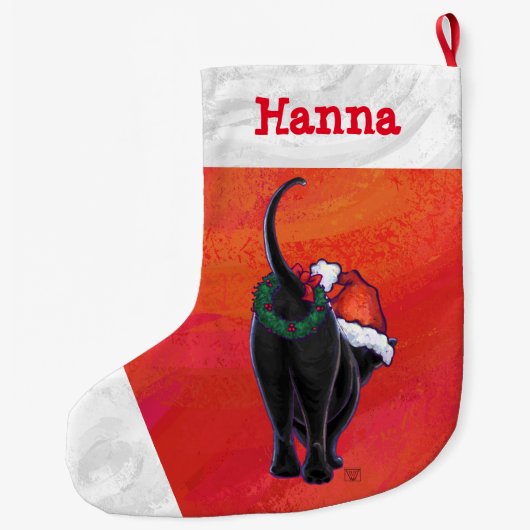 Schattigee zwarte kat in Santa Hat op rood Grote Kerstsok (Achterkant)