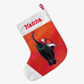 Schattigee zwarte kat in Santa Hat op rood Grote Kerstsok (Achterkant (Hangend))