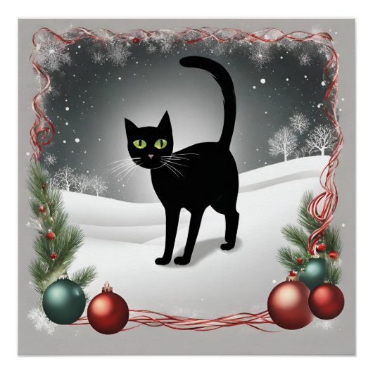 Schattigee zwarte kat kerst illustratie perfect poster (Voorkant)