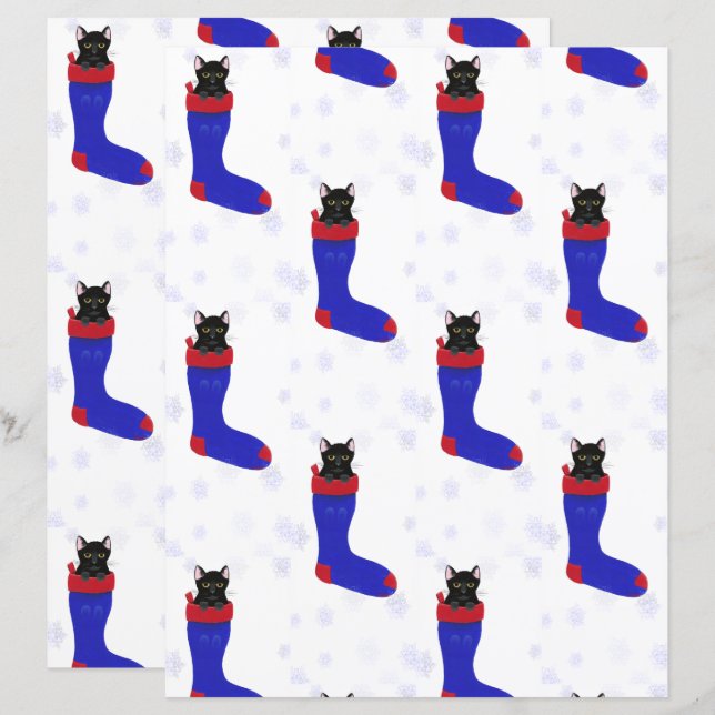 Schattigee zwarte kat, kerstkous plakboek papier (Voorkant / Achterkant)