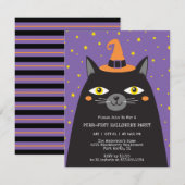 Schattigee Zwarte Kat Kinder Halloween Uitnodiging (Voorkant / Achterkant)
