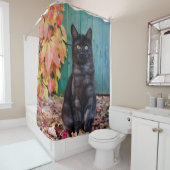 Schattigee Zwarte Kat Kitten Rood Blauwe Deur / Tu Douchegordijn (In situ)