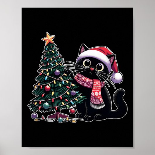 Schattigee Zwarte Kat Kitten Santa Hat Kerstboom X Poster (Voorkant)