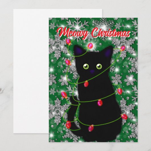Schattigee zwarte kat Meowy Christmas Feestdagenkaart (Voorkant / Achterkant)