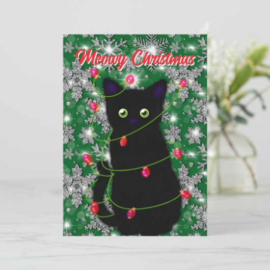Schattigee zwarte kat Meowy Christmas Feestdagenkaart (Staand voorkant)