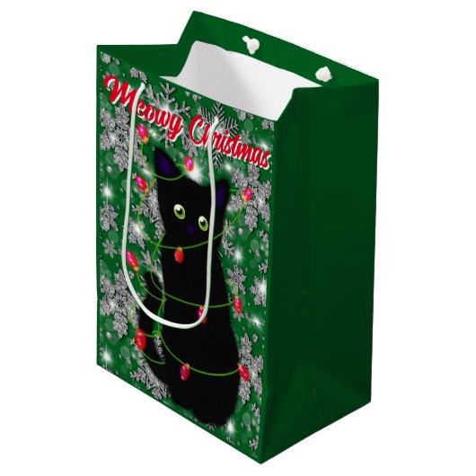 Schattigee zwarte kat Meowy Christmas Medium Cadeauzakje (Voorkant Gekanteld)