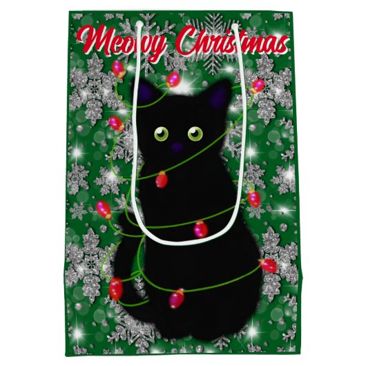 Schattigee zwarte kat Meowy Christmas Medium Cadeauzakje (Achterkant)