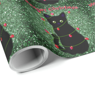Schattigee zwarte kat Meowy kerst twinkle lichten Cadeaupapier