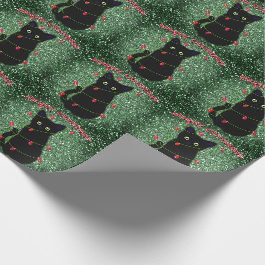 Schattigee zwarte kat Meowy kerst twinkle lichten Cadeaupapier (Hoek)