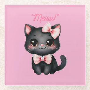 Schattigee zwarte kat met boog voor Halloween-deco Glazen Onderzetter