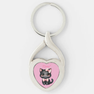 Schattigee zwarte kat met boog voor Halloween-deco Sleutelhanger