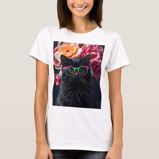 Schattigee zwarte kat met bril en hoofdtelefoon t-shirt (Voorkant)