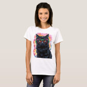 Schattigee zwarte kat met bril en hoofdtelefoon t-shirt (Voorkant volledig)