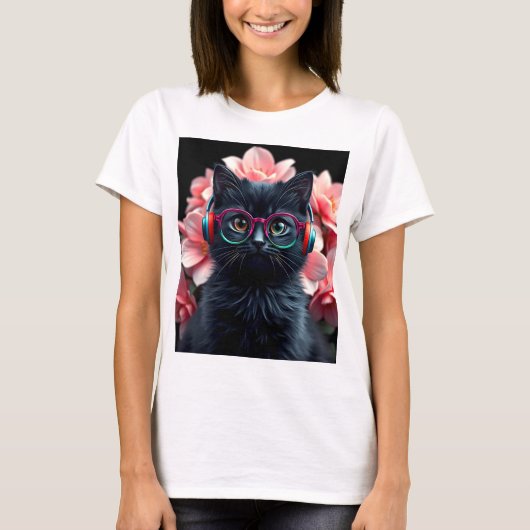Schattigee zwarte kat met bril en hoofdtelefoon t-shirt (Voorkant)