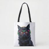 Schattigee zwarte kat met bril en hoofdtelefoon tote bag (Voorkant)