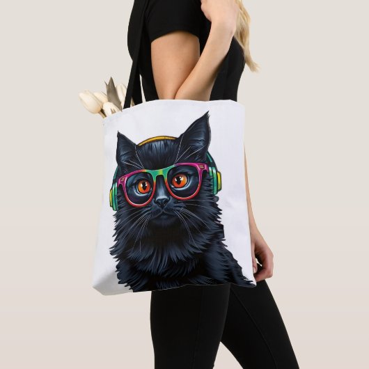 Schattigee zwarte kat met bril en hoofdtelefoon tote bag (Dichtbij)