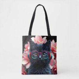 Schattigee zwarte kat met bril en hoofdtelefoon tote bag