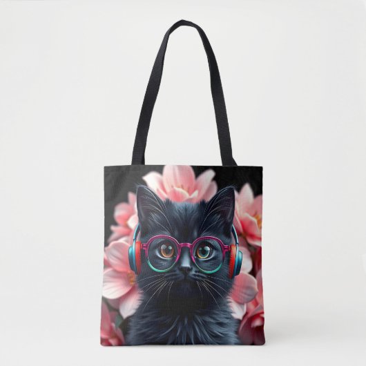 Schattigee zwarte kat met bril en hoofdtelefoon tote bag (Voorkant)