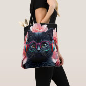 Schattigee zwarte kat met bril en hoofdtelefoon tote bag (Dichtbij)
