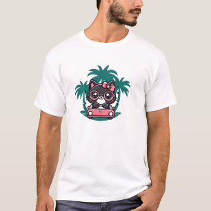 Schattigee zwarte kat met chique bril en auto rijd t-shirt