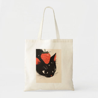 Schattigee zwarte kat met een aardbeien Canvas tas