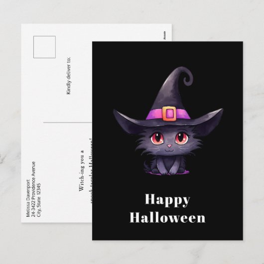 Schattigee zwarte kat met een heks Pet Halloween Feestdagenkaart (Voorkant / Achterkant)