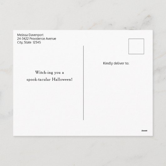 Schattigee zwarte kat met een heks Pet Halloween Feestdagenkaart (Achterkant)