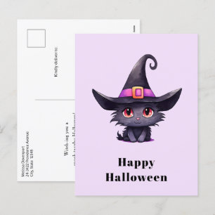 Schattigee zwarte kat met een heks Pet Halloween Feestdagenkaart