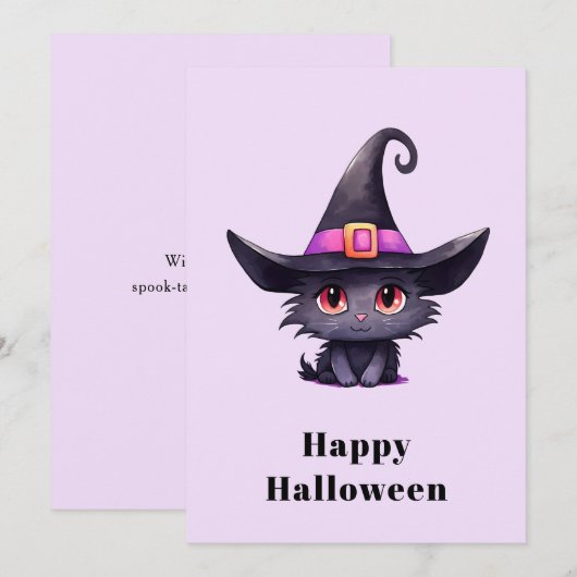 Schattigee zwarte kat met een heks Pet Halloween Feestdagenkaart (Voorkant / Achterkant)