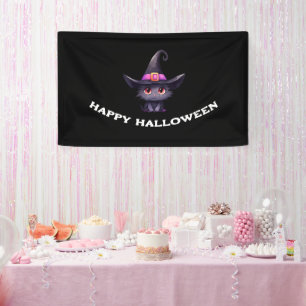 Schattigee zwarte kat met een heks Pet Halloween Spandoek