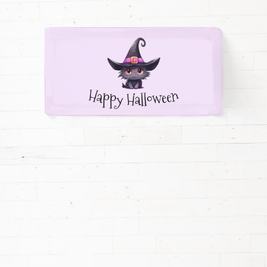 Schattigee zwarte kat met een heks Pet Halloween Spandoek (Insitu)