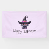 Schattigee zwarte kat met een heks Pet Halloween Spandoek (Horizontaal)